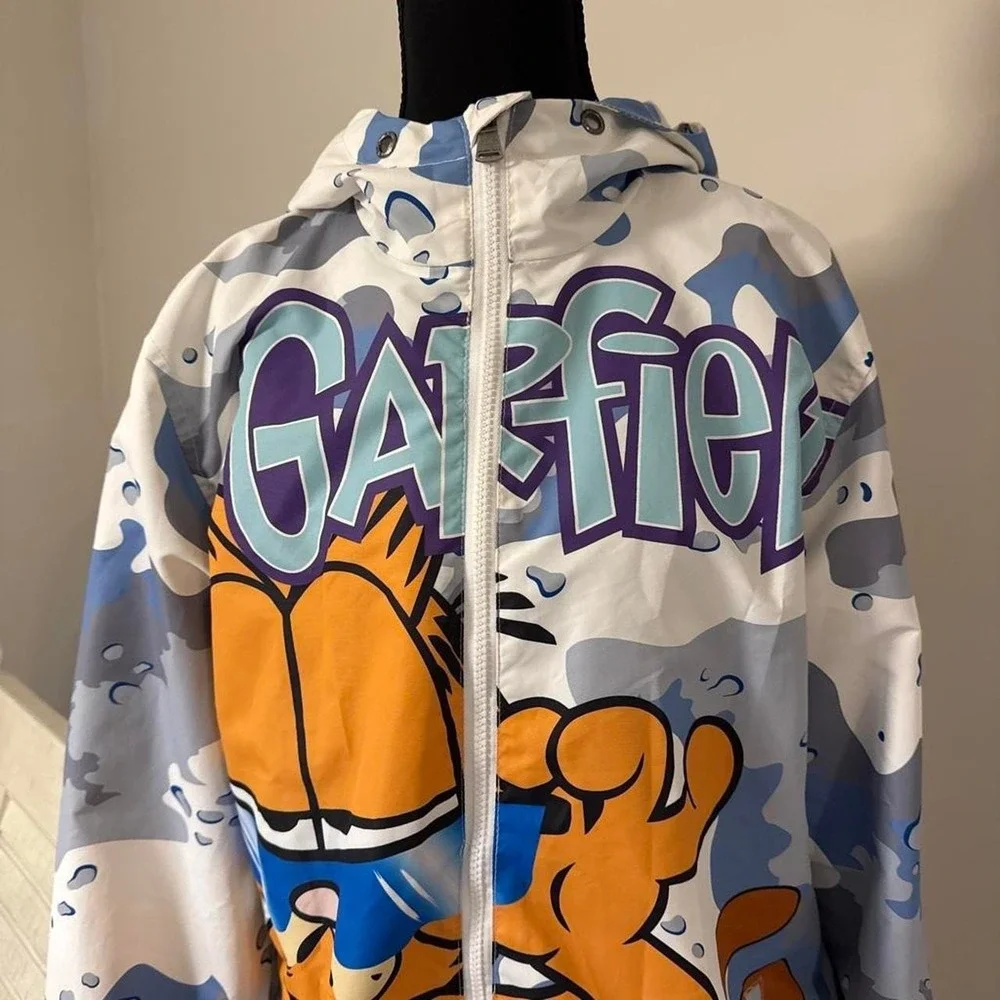 Members Only Garfield blue and white camouflage windbreaker jacket with orange